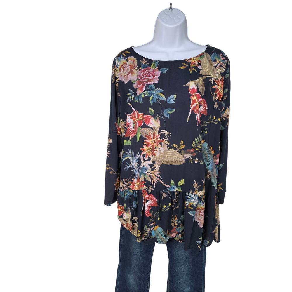 Johnny Was XS Floral Bird Print Rayon Tunic Top Ruffle Hem Boho 0133